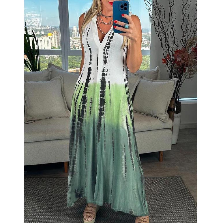 🔥👗Damska sukienka bez rękawów z dekoltem w serek w kolorze tie-dye