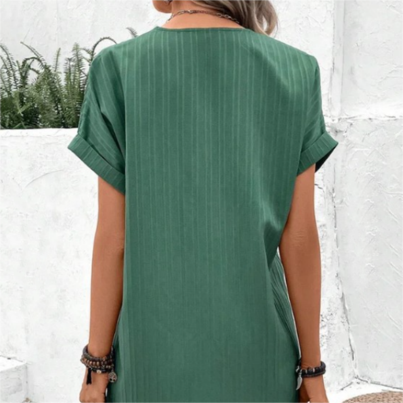 Damska sukienka z krótkim rękawem V-Neck w jednolitym kolorze