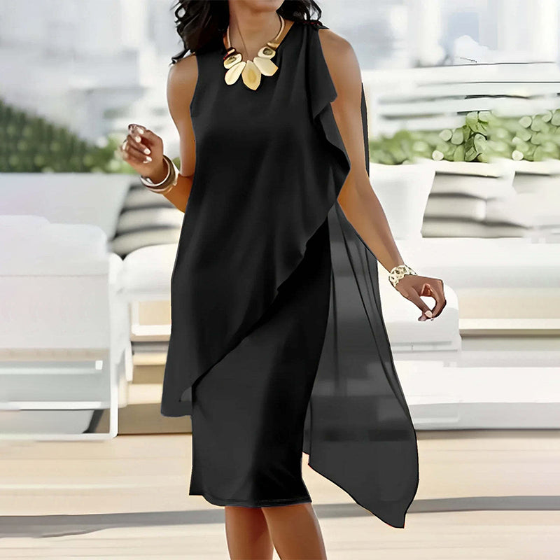 💕Elegancka sukienka bez rękawów z asymetryczną siateczką i okrągłym dekoltem