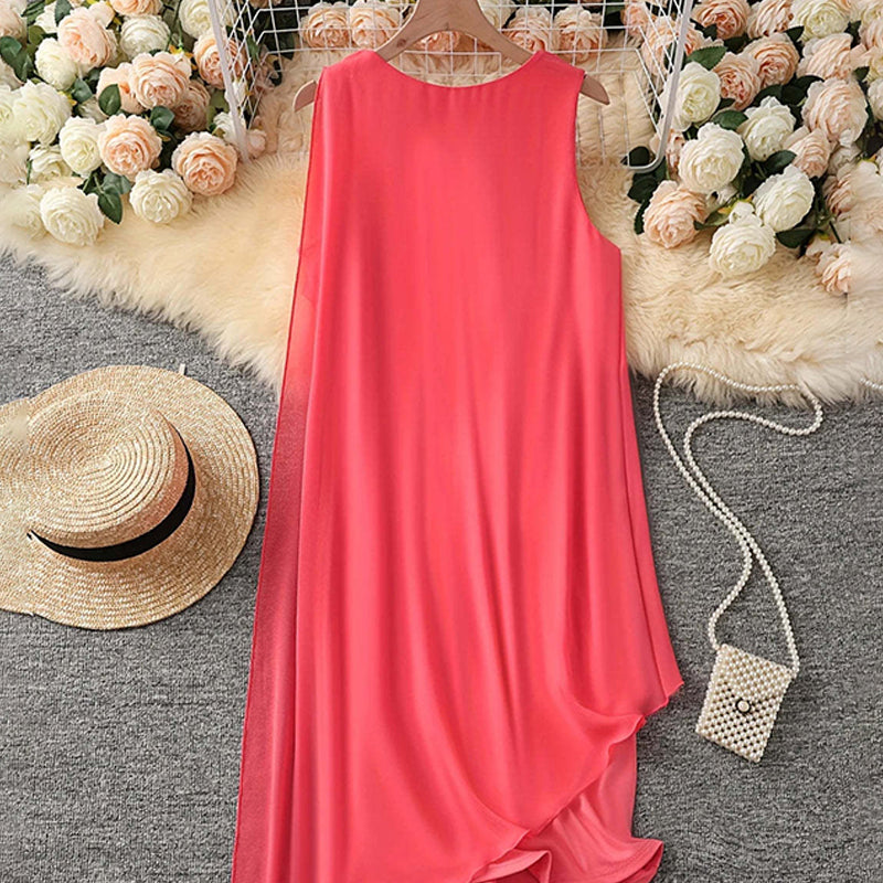 💕Elegancka sukienka bez rękawów z asymetryczną siateczką i okrągłym dekoltem