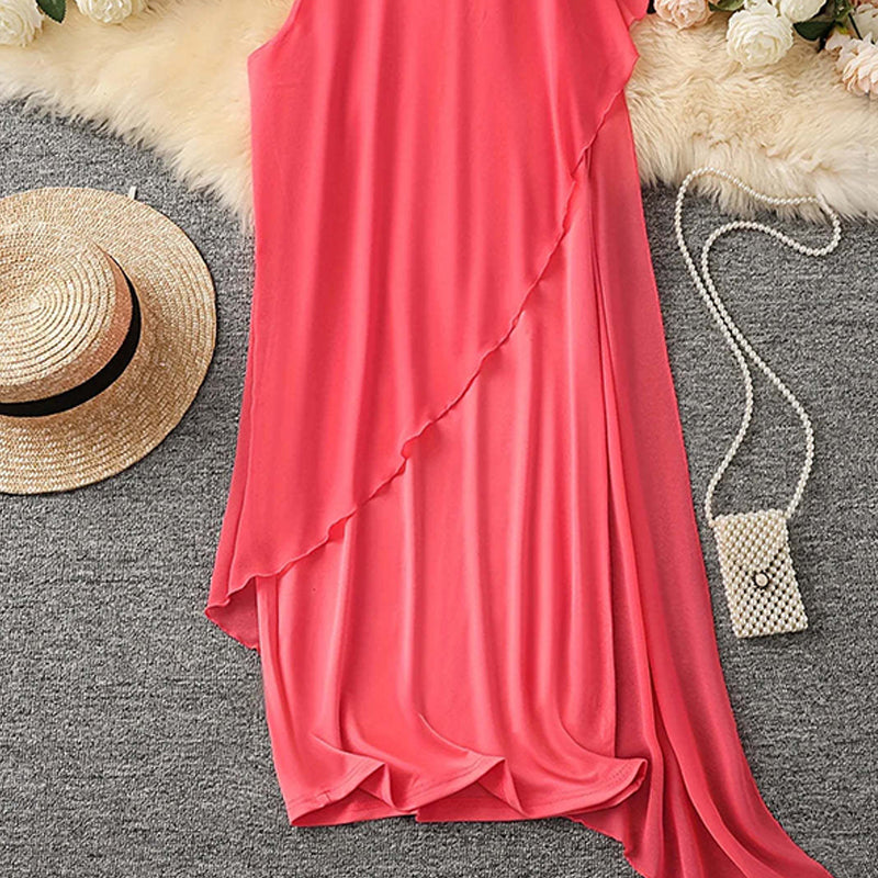 💕Elegancka sukienka bez rękawów z asymetryczną siateczką i okrągłym dekoltem