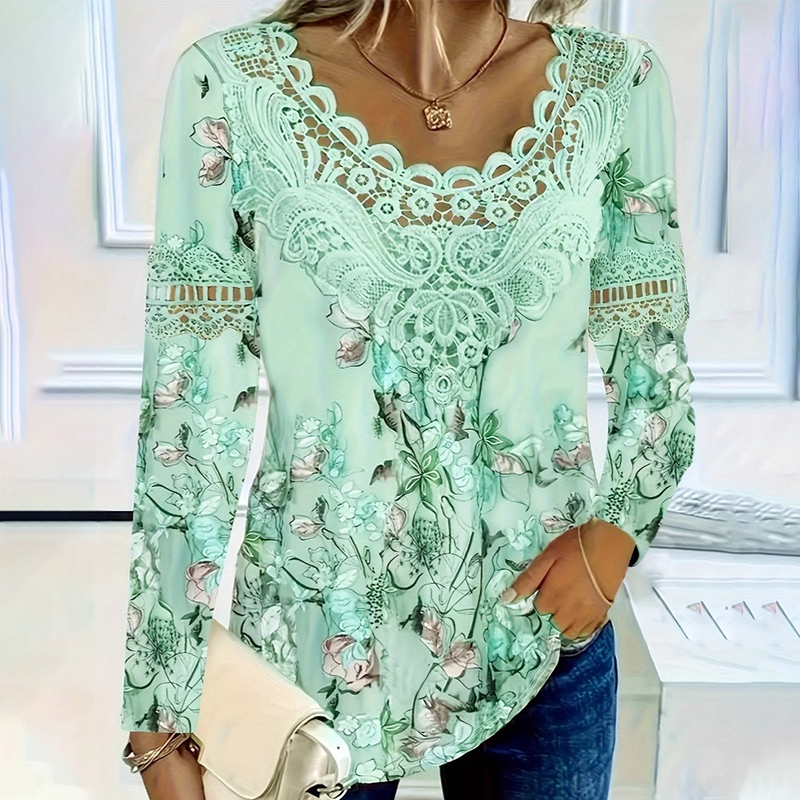 🌸Elegancka bluzka damska z długim rękawem ozdobiona koronką