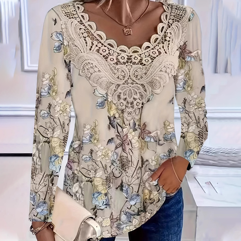 🌸Elegancka bluzka damska z długim rękawem ozdobiona koronką