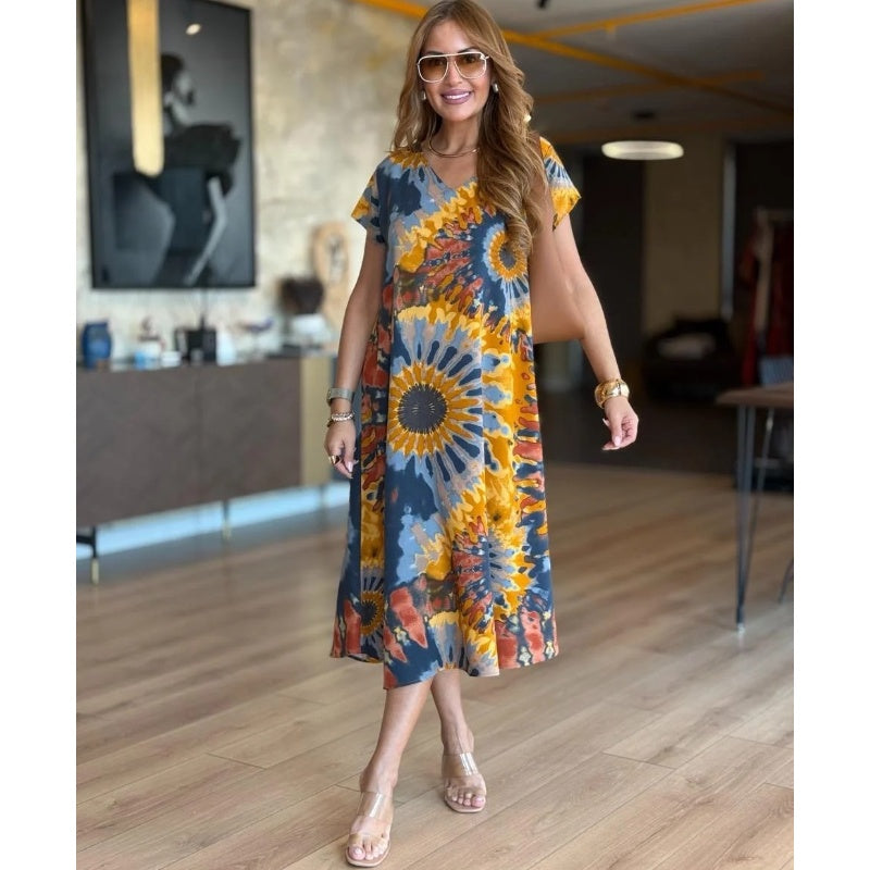 🌼Damska sukienka maxi z nadrukiem z dekoltem w serek