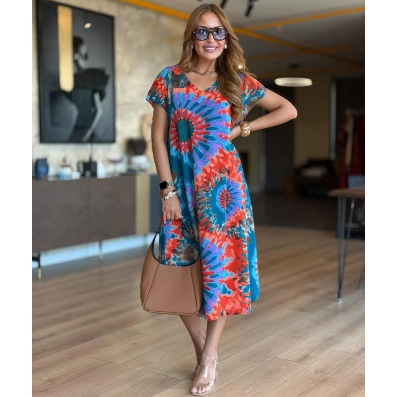 🌼Damska sukienka maxi z nadrukiem z dekoltem w serek