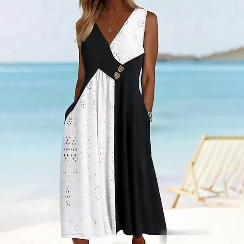 👗 Elegancka damska sukienka z dekoltem w serek i modnym patchworkiem