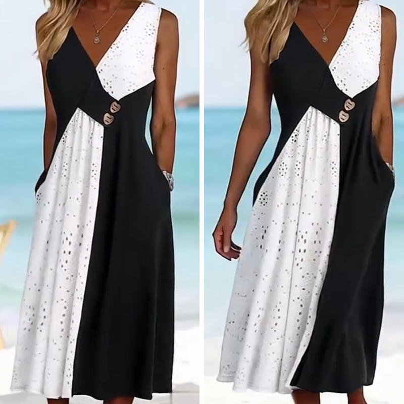 👗 Elegancka damska sukienka z dekoltem w serek i modnym patchworkiem