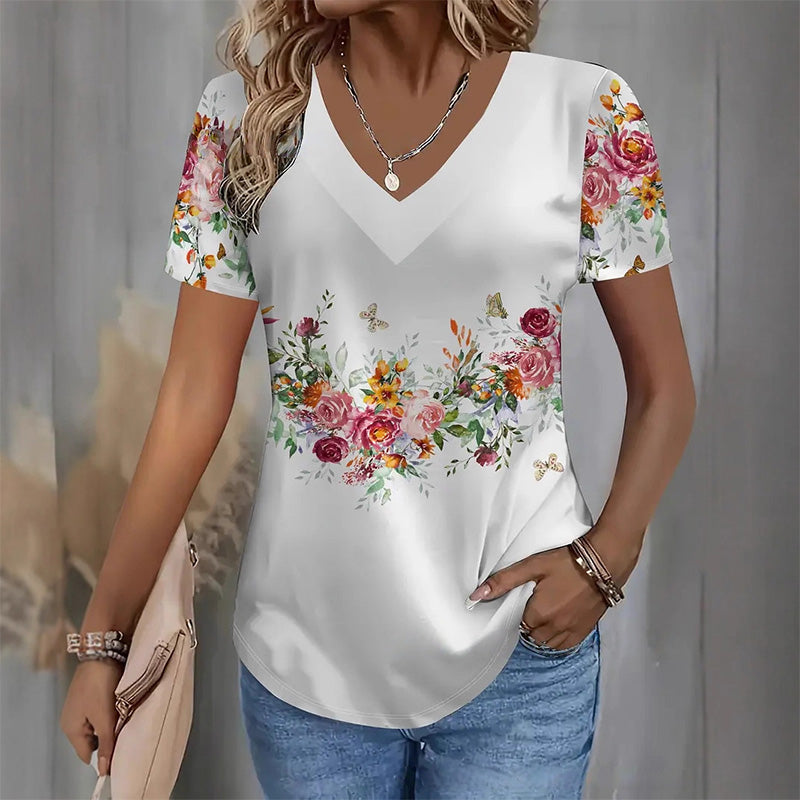 Damska bluzka z krótkim rękawem V-neck z kwiatowym nadrukiem