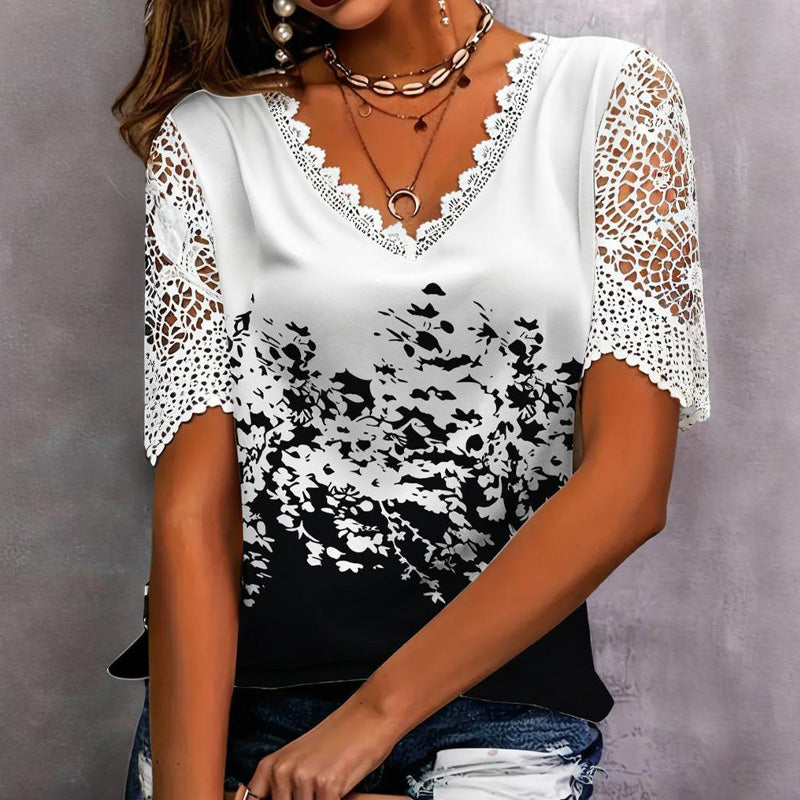 【S-4XL】👚Koronkowa bluzka z krótkim rękawem z nadrukiem