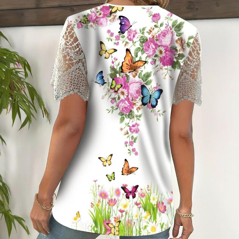 【S-4XL】👚Koronkowa bluzka z krótkim rękawem z nadrukiem